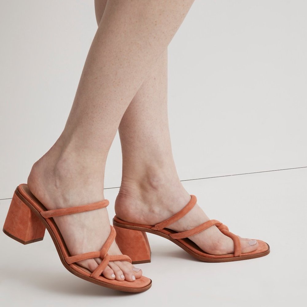 Coral suede summer block heel sandals - NWT, in box.